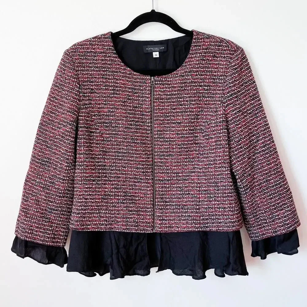 Slate &‎ Willow Tweed Ruffle Trim Peplum Jacket Blazer Zip Size 12 Career Work